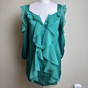Hot in Hollywood Women's Top Green Size XS Cold Shoulder Ruffles 3/4 Sleeves